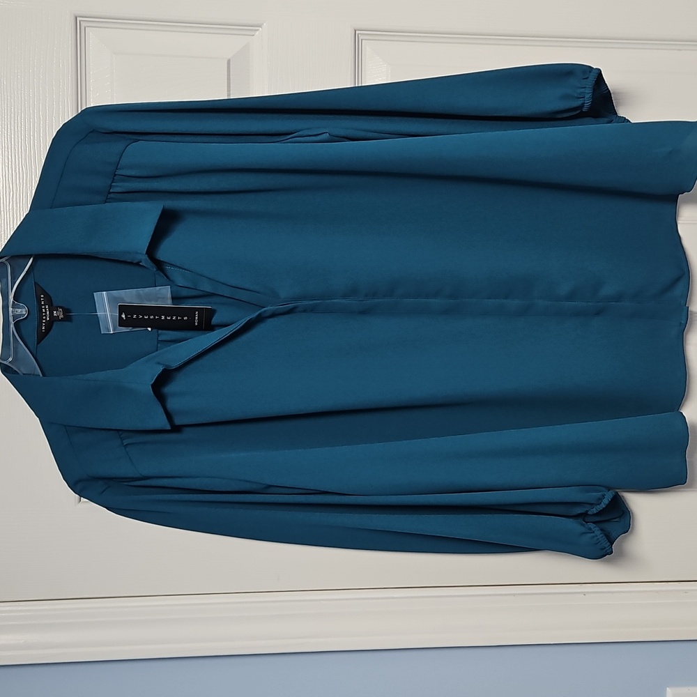 Investments 3/4 Sleeve Collared V-neck Hidden Button Front Top: Dark Teal: 2X